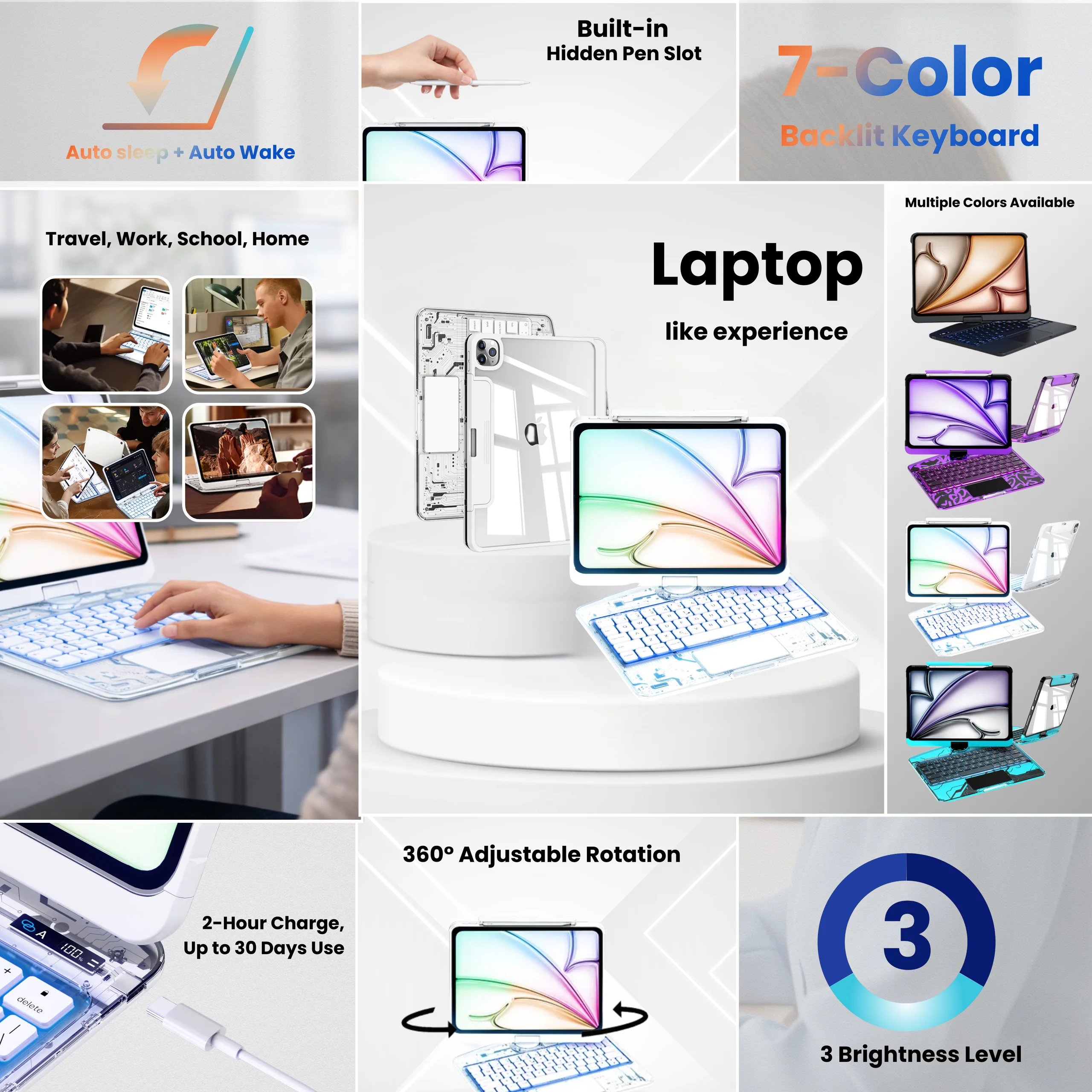 iPadCaseStore Y2K Transparent White 360° Rotating iPad Keyboard Case